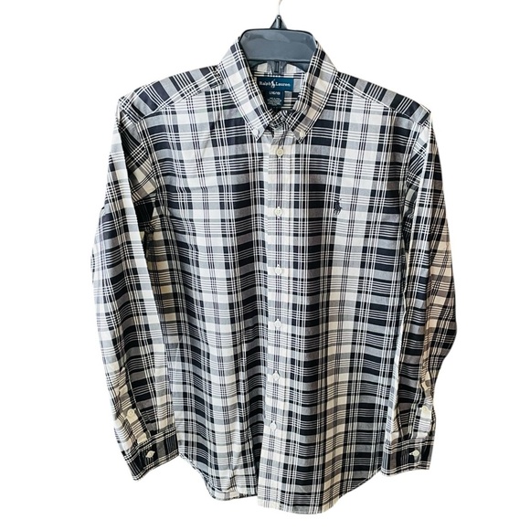 Ralph Lauren boy’s long sleeve button plaid cotton shirt L (16/18) white black - Picture 1 of 8
